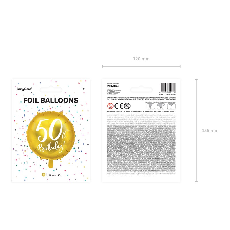 Balon foliowy 50th Birthday, złoty, średnica 45cm
