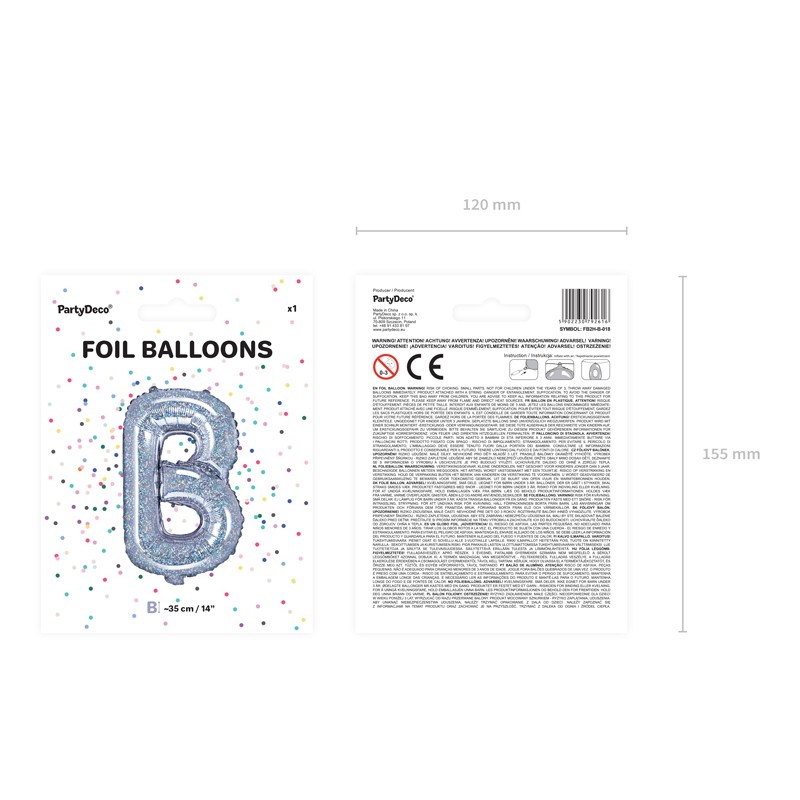 Balon foliowy Litera "B", 35cm, holograficzny
